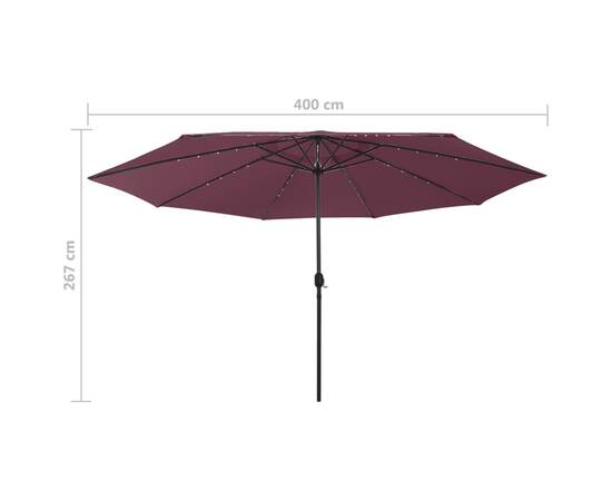 Umbrelă soare exterior, led-uri & stâlp metal roșu bordo 400 cm, 7 image