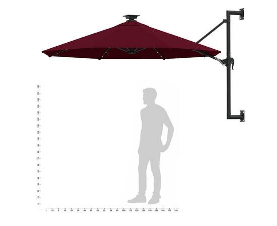 Umbrelă soare led montaj pe perete stâlp metal vișiniu 300 cm, 10 image