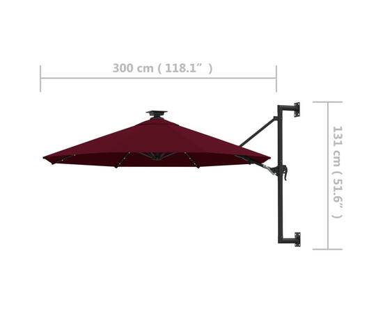 Umbrelă soare led montaj pe perete stâlp metal vișiniu 300 cm, 9 image