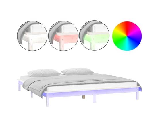 Cadru de pat cu led, alb, 200x200 cm, lemn masiv, 2 image
