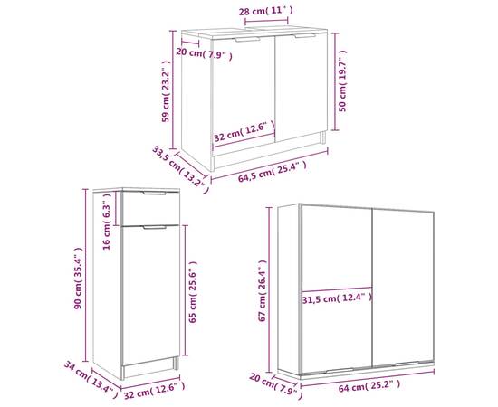 Set dulapuri de baie, 4 piese, gri sonoma, lemn prelucrat, 11 image