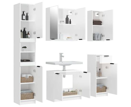Set dulapuri de baie, 5 piese, alb extralucios, lemn prelucrat, 4 image