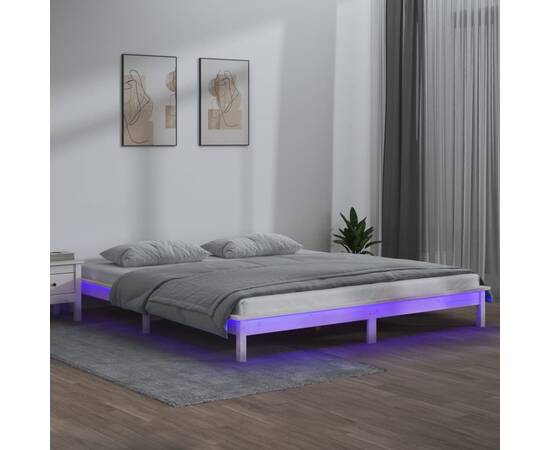 Cadru de pat cu led, alb, 140x190 cm, lemn masiv