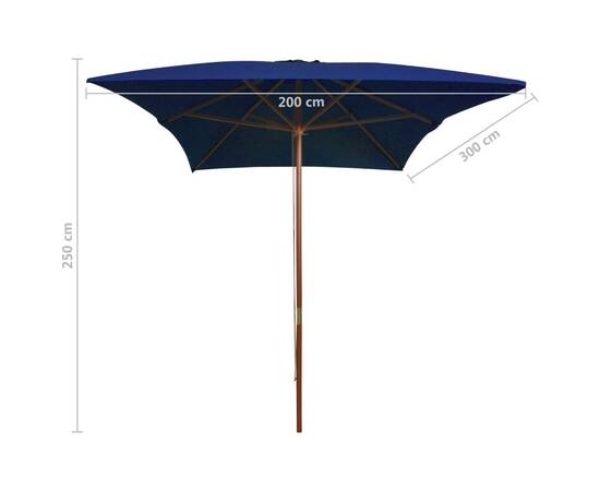 Umbrelă de soare, exterior, stâlp lemn, albastru, 200x300 cm, 6 image