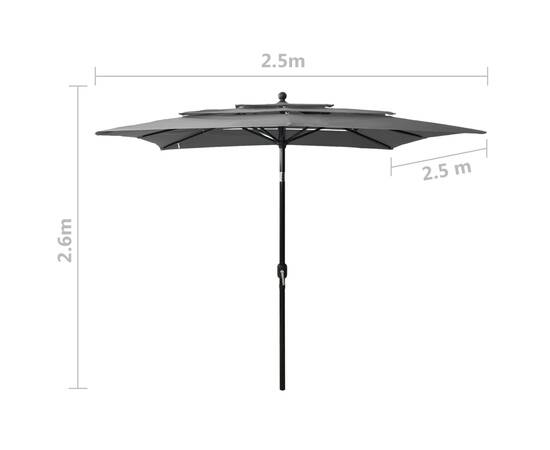 Umbrelă de soare 3 niveluri, stâlp aluminiu, antracit 2,5x2,5 m, 8 image