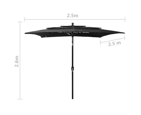 Umbrelă de soare 3 niveluri, stâlp aluminiu, negru, 2,5x2,5 m, 8 image