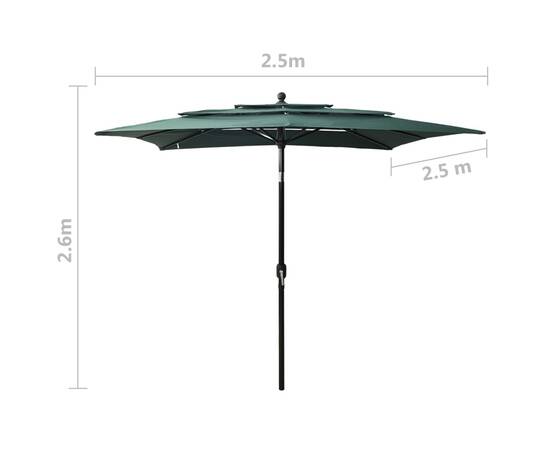 Umbrelă de soare 3 niveluri, stâlp aluminiu, verde, 2,5x2,5 m, 8 image