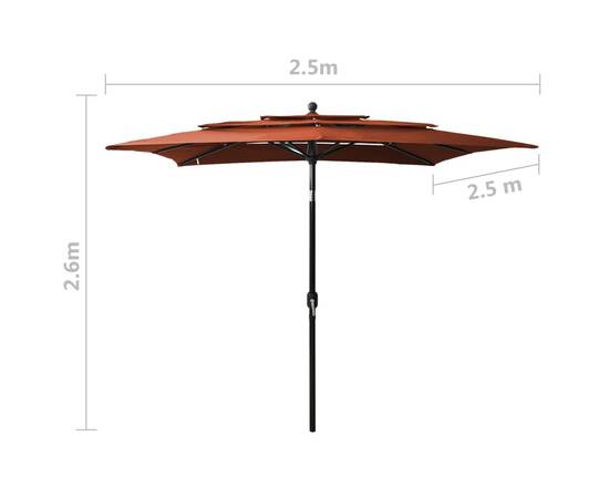 Umbrelă de soare 3 niveluri, stâlp aluminiu cărămiziu 2,5x2,5 m, 8 image