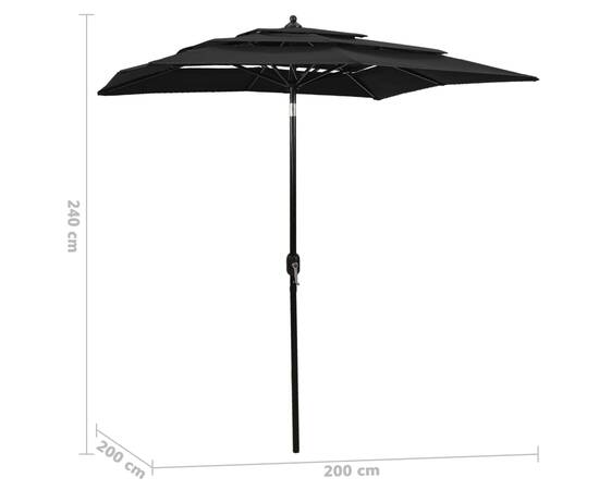 Umbrelă de soare 3 niveluri, stâlp de aluminiu, negru, 2x2 m, 6 image