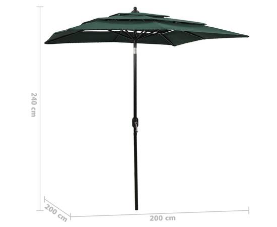 Umbrelă de soare 3 niveluri, stâlp de aluminiu, verde, 2x2 m, 6 image