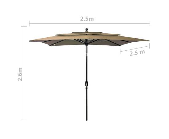 Umbrelă de soare 3 niveluri stâlp aluminiu gri taupe 2,5x2,5 m, 8 image