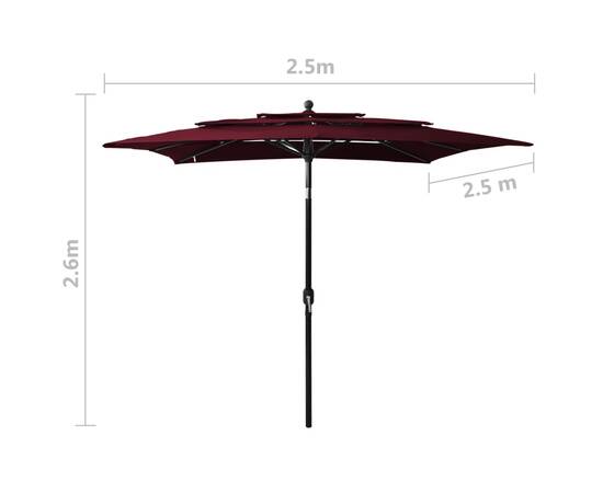 Umbrelă de soare 3 niveluri stâlp aluminiu roșu bordo 2,5x2,5 m, 8 image