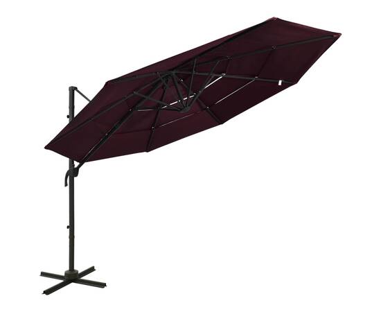 Umbrelă de soare 4 niveluri, stâlp aluminiu, roșu bordo, 3x3 m