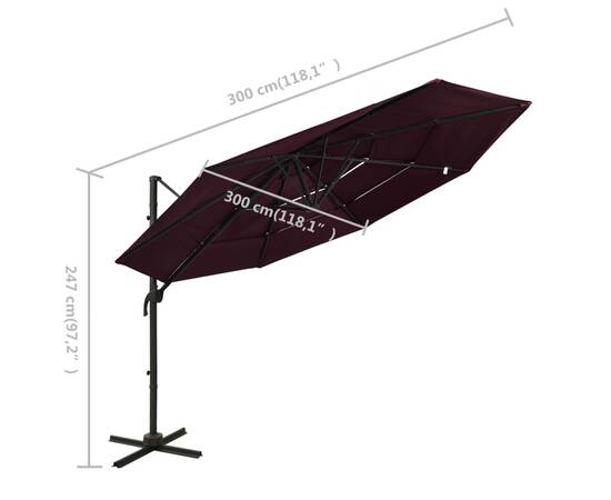 Umbrelă de soare 4 niveluri, stâlp aluminiu, roșu bordo, 3x3 m, 8 image