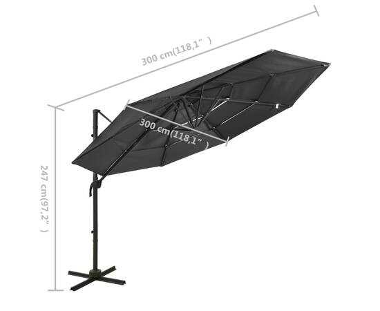 Umbrelă de soare 4 niveluri, stâlp de aluminiu, antracit, 3x3 m, 8 image