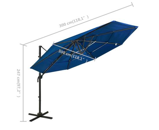 Umbrelă de soare 4 niveluri, stâlp de aluminiu, azuriu, 3x3 m, 8 image