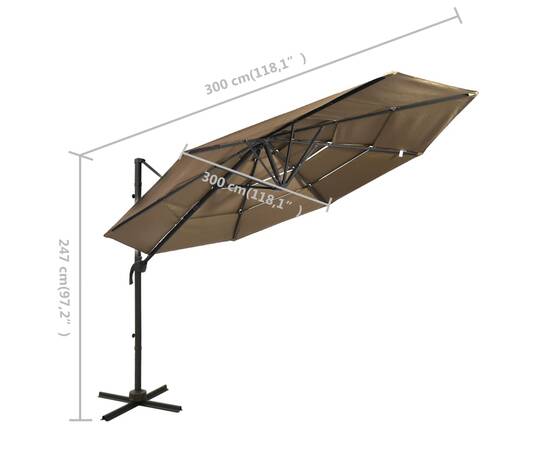 Umbrelă de soare 4 niveluri, stâlp de aluminiu, gri taupe 3x3 m, 8 image