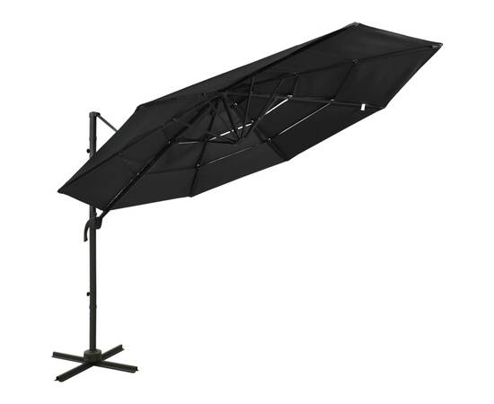 Umbrelă de soare 4 niveluri, stâlp de aluminiu, negru, 3x3 m