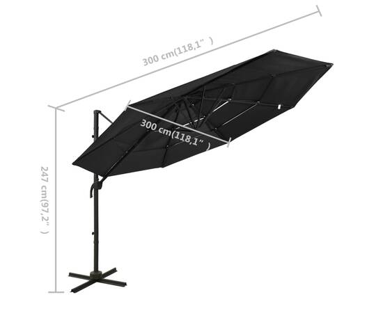 Umbrelă de soare 4 niveluri, stâlp de aluminiu, negru, 3x3 m, 8 image