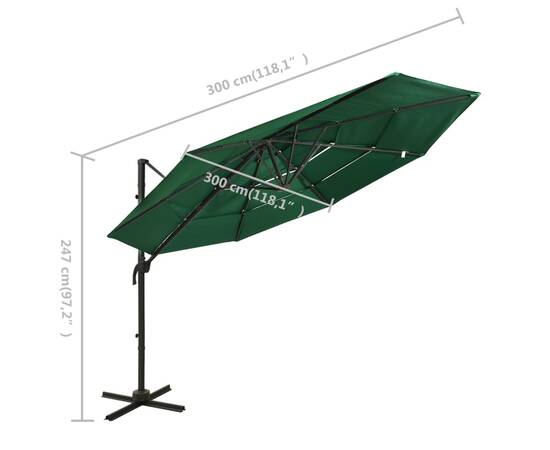 Umbrelă de soare 4 niveluri, stâlp de aluminiu, verde, 3x3 m, 8 image