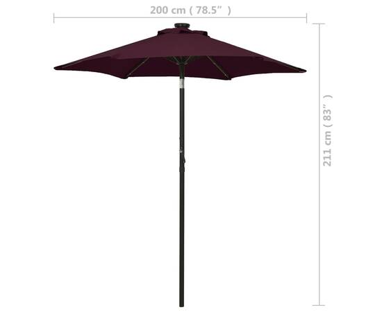 Umbrelă de soare cu lumini led, roșu bordo, 200x211cm, aluminiu, 9 image