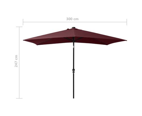 Umbrelă de soare cu stâlp din oțel & led-uri, roșu bordo, 2x3 m, 11 image