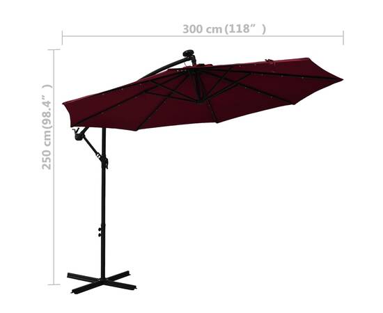 Umbrelă suspendată cu led și stâlp din oțel, roșu vin, 10 image