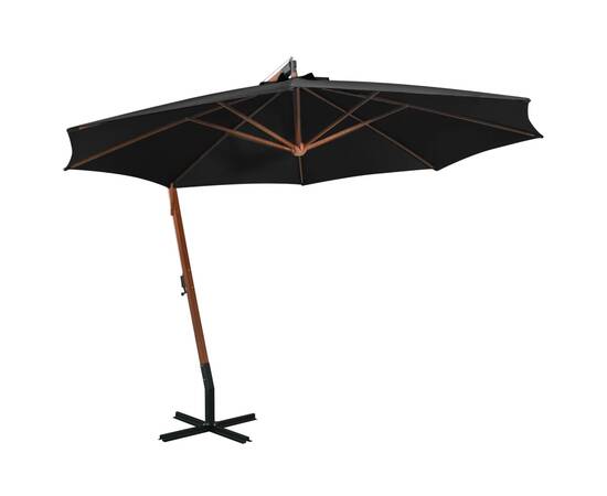 Umbrelă suspendată cu stâlp, negru, 3,5x2,9 m, lemn masiv brad