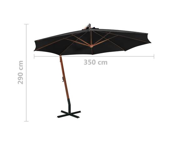 Umbrelă suspendată cu stâlp, negru, 3,5x2,9 m, lemn masiv brad, 9 image