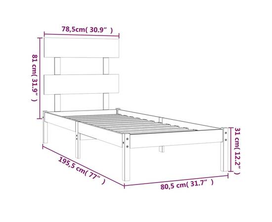 Cadru de pat mic single 2ft6, 75x190 cm, lemn masiv, 6 image