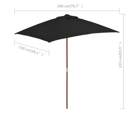 Umbrelă de soare, exterior, stâlp lemn, negru, 150x200 cm, 7 image