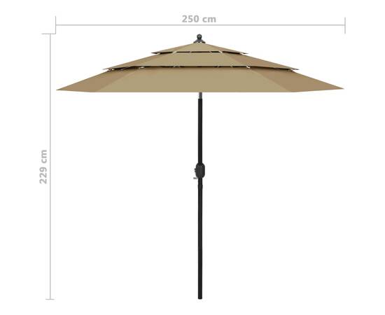 Umbrelă de soare 3 niveluri, stâlp aluminiu, gri taupe, 2,5 m, 8 image