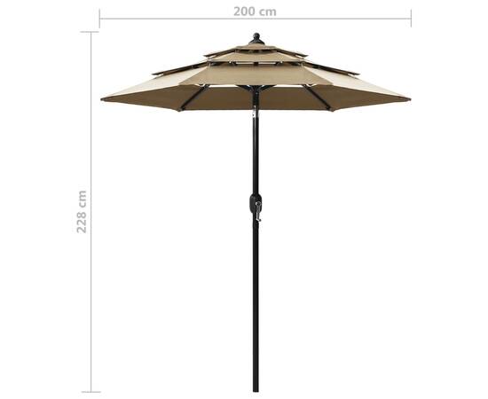Umbrelă de soare 3 niveluri, stâlp aluminiu, gri taupe, 2 m, 8 image