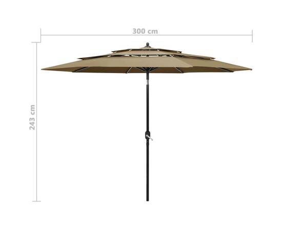 Umbrelă de soare 3 niveluri, stâlp aluminiu, gri taupe, 3 m, 8 image