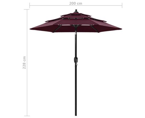 Umbrelă de soare 3 niveluri, stâlp aluminiu, roșu bordo, 2 m, 8 image