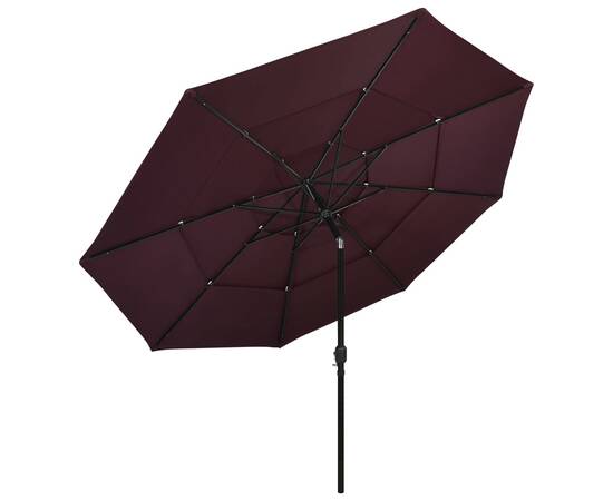 Umbrelă de soare 3 niveluri, stâlp aluminiu, roșu bordo, 3,5 m, 3 image