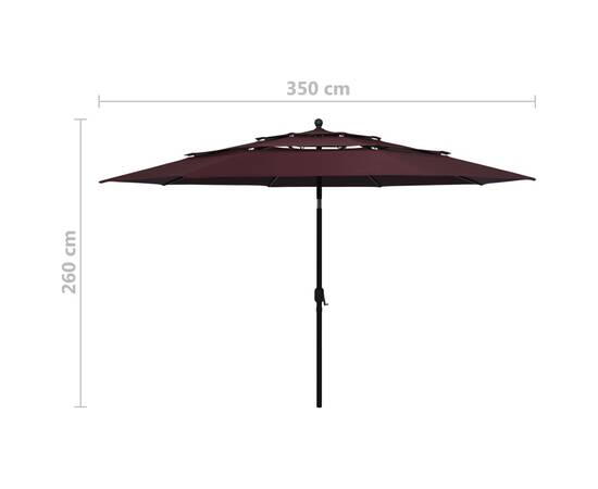 Umbrelă de soare 3 niveluri, stâlp aluminiu, roșu bordo, 3,5 m, 8 image