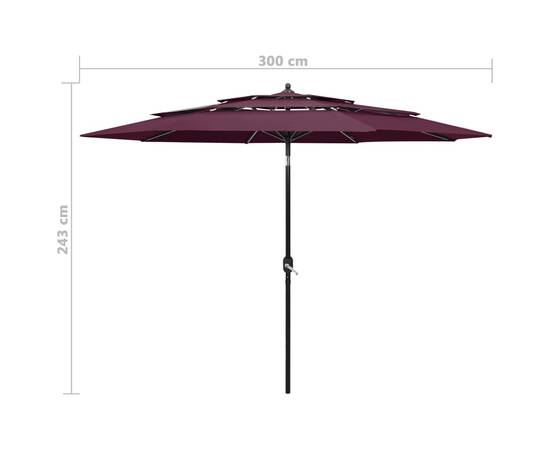 Umbrelă de soare 3 niveluri, stâlp aluminiu, roșu bordo, 3 m, 8 image