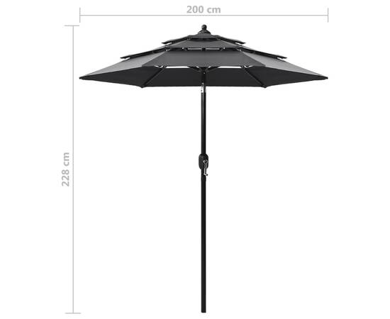 Umbrelă de soare 3 niveluri, stâlp de aluminiu, antracit, 2 m, 8 image