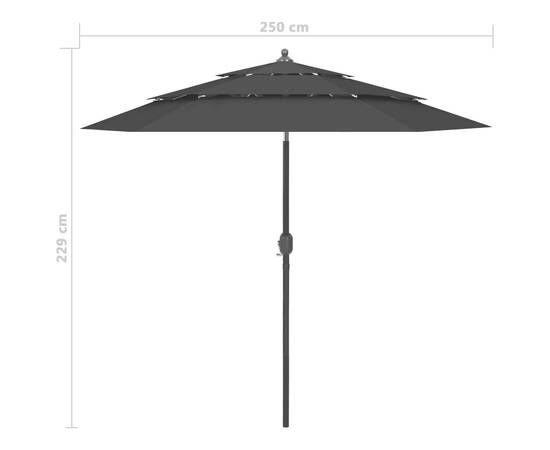 Umbrelă de soare 3 niveluri, stâlp de aluminiu, negru, 2,5 m, 8 image