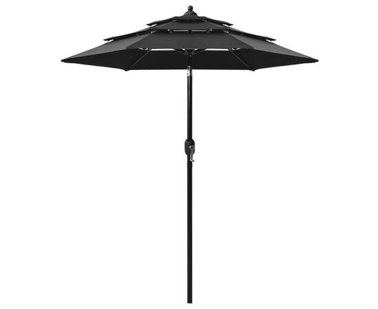 Umbrelă de soare 3 niveluri, stâlp de aluminiu, negru, 2 m
