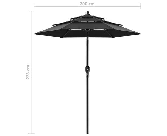 Umbrelă de soare 3 niveluri, stâlp de aluminiu, negru, 2 m, 8 image