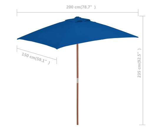 Umbrelă de soare de exterior, stâlp lemn, albastru, 150x200 cm, 7 image