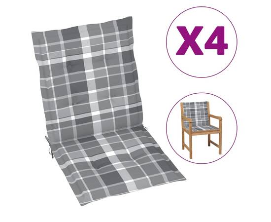 Perne scaun grădină, 4 buc., gri model carouri, 100x50x4 cm