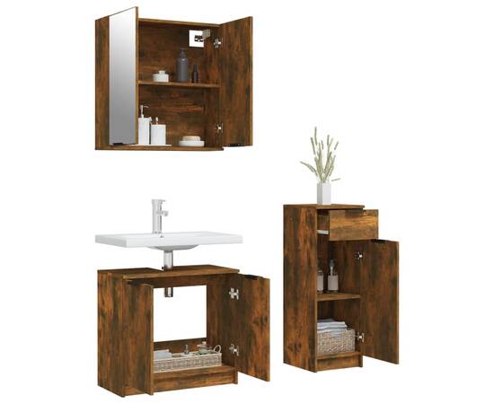 Set dulap de baie, 3 piese, stejar fumuriu, lemn prelucrat, 4 image