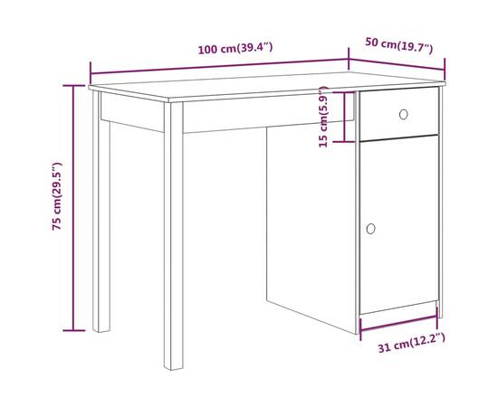 Birou, gri, 100x50x75 cm, lemn masiv de pin, 10 image