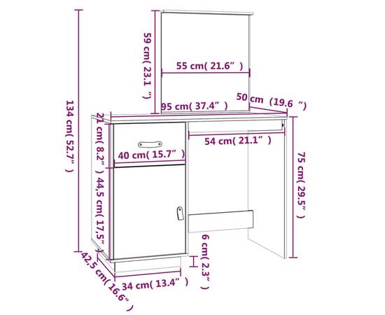 Măsuță de toaletă, gri, 95x50x134 cm, lemn masiv de pin, 10 image