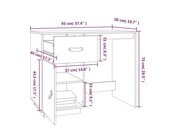 Birou, alb, 95x50x75 cm, lemn masiv de pin, 9 image