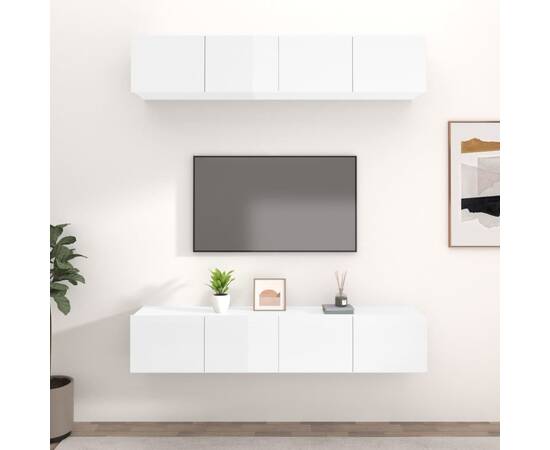 Comode tv, 4 buc., alb extralucios, 80x30x30 cm, lemn compozit