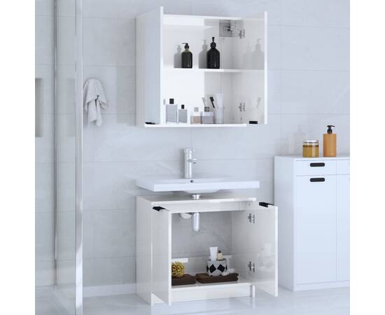 Set dulap de baie, 2 piese, alb extralucios, lemn prelucrat, 3 image